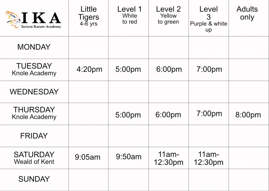 Invicta Karate Academy timetable Sevenoaks
