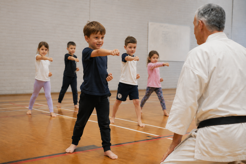 Children learning basic karate techniques in comfortable sports clothing during their first karate lesson at Invicta Karate Academy in Sevenoaks.