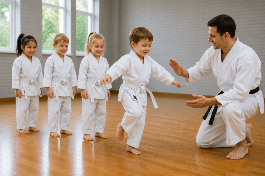 Young children developing balance and coordination during a Little Tigers Karate class at Invicta Karate Academy in Sevenoaks.