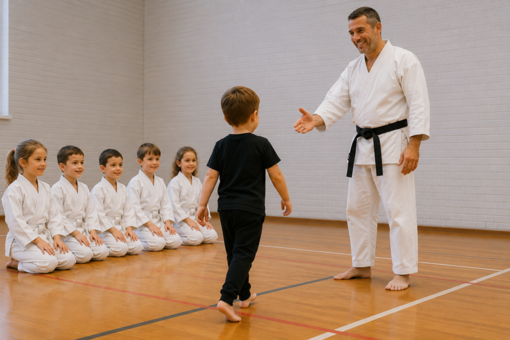 A young child being welcomed to their first Little Tigers karate class at Invicta Karate Academy in Sevenoaks.